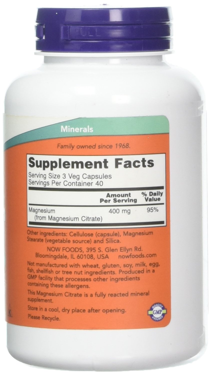 NOW Foods Magnesium Citrate caps 120 Vcaps front label view for trusted mineral support.