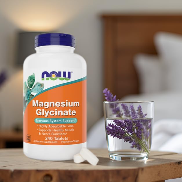 NOW Foods Magnesium Glycinate daily-use guidance—two tablets with meals.