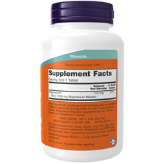 NOW Foods Magnesium Malate 1000mg bottle back with ingredients and GMP quality