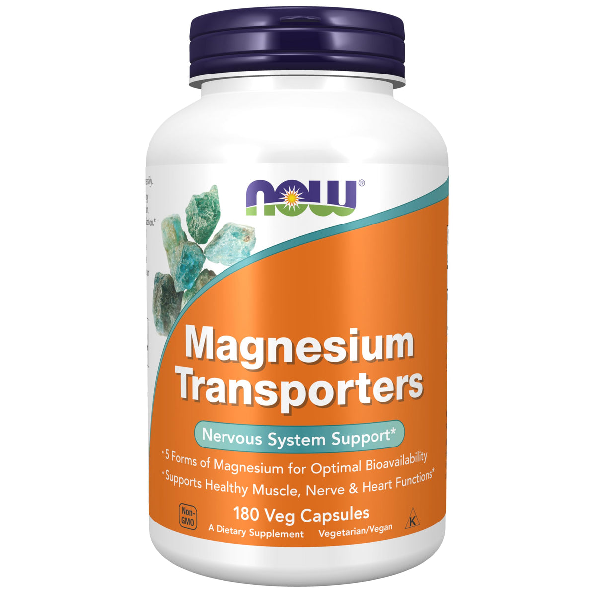 NOW Foods Magnesium Transporters bottle displays five forms for balanced energy support.