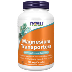 NOW Foods Magnesium Transporters bottle displays five forms for balanced energy support.