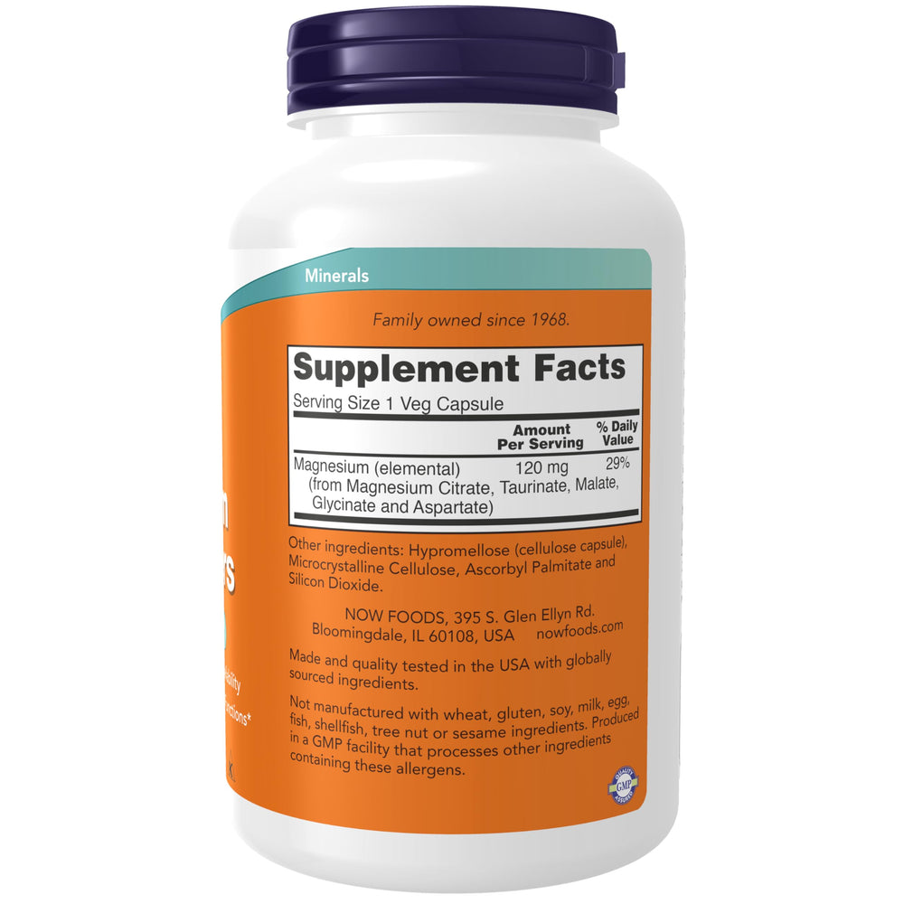 NOW Foods Magnesium Transporters capsules closeup shows diverse forms for better absorption.