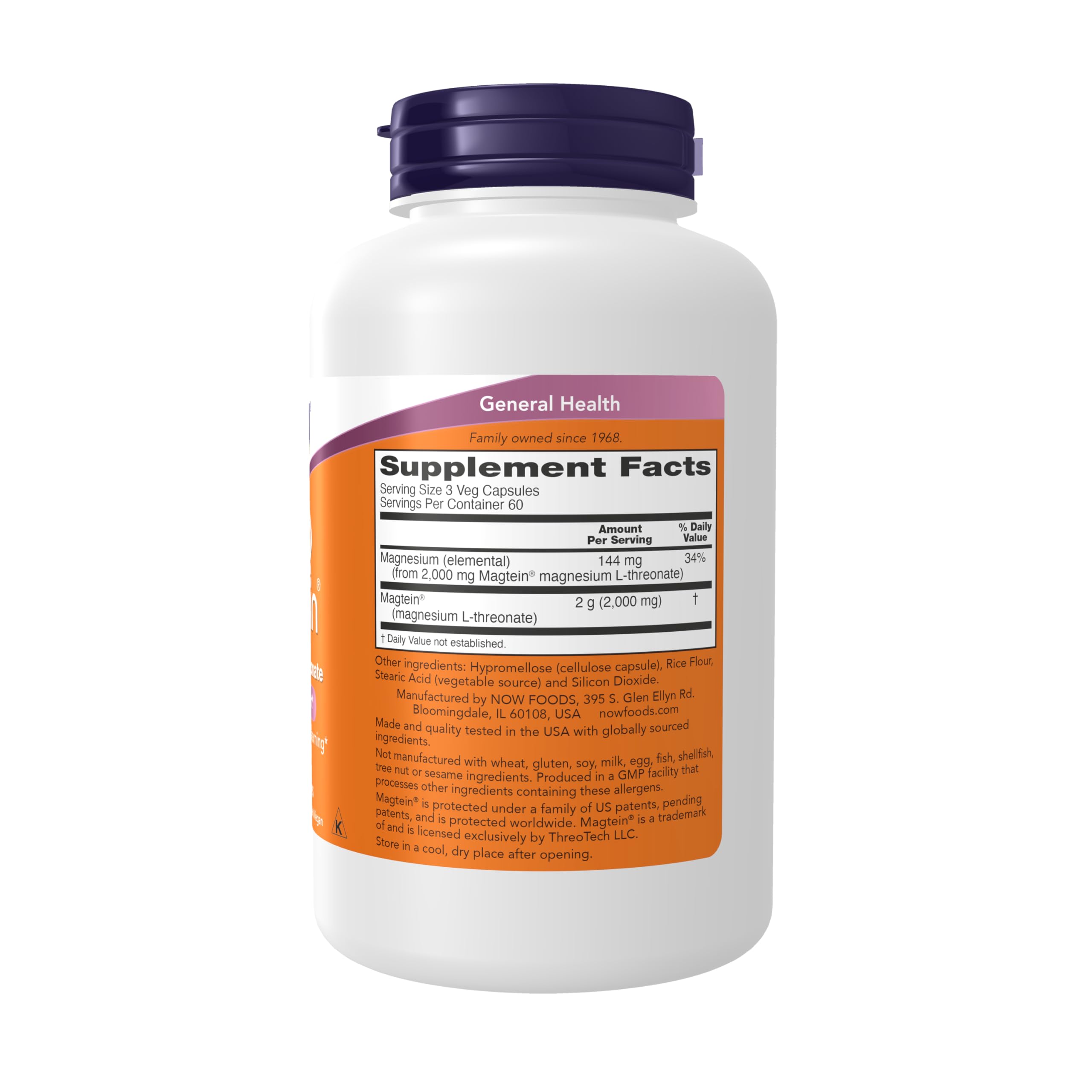 NOW Foods Magtein capsules close-up showing convenient daily capsules