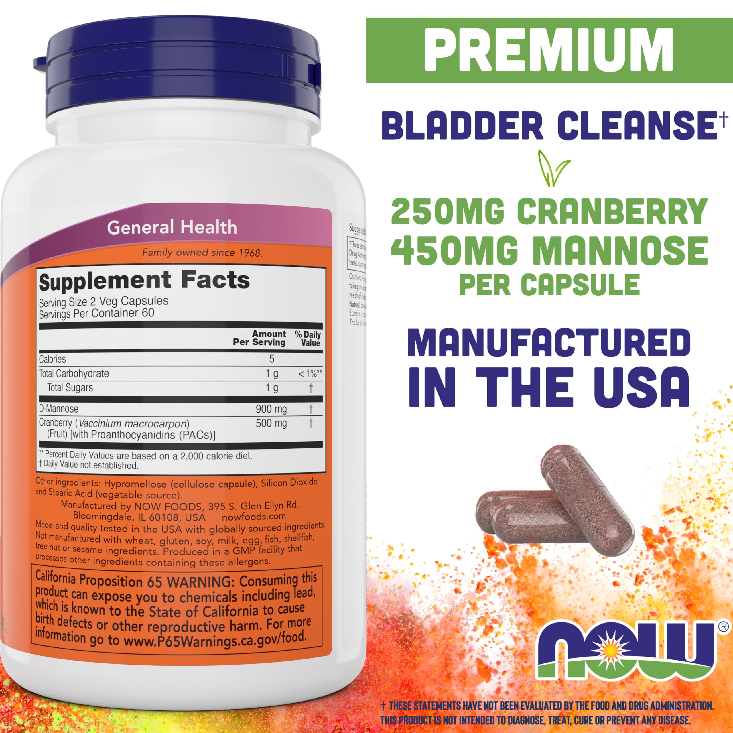 NOW Foods Mannose Cranberry capsules closeup highlighting d-Mannose and PAC content