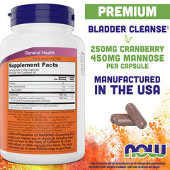 NOW Foods Mannose Cranberry capsules closeup highlighting d-Mannose and PAC content