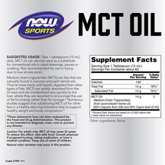 NOW Foods MCT 100% Oil front label shows key details
