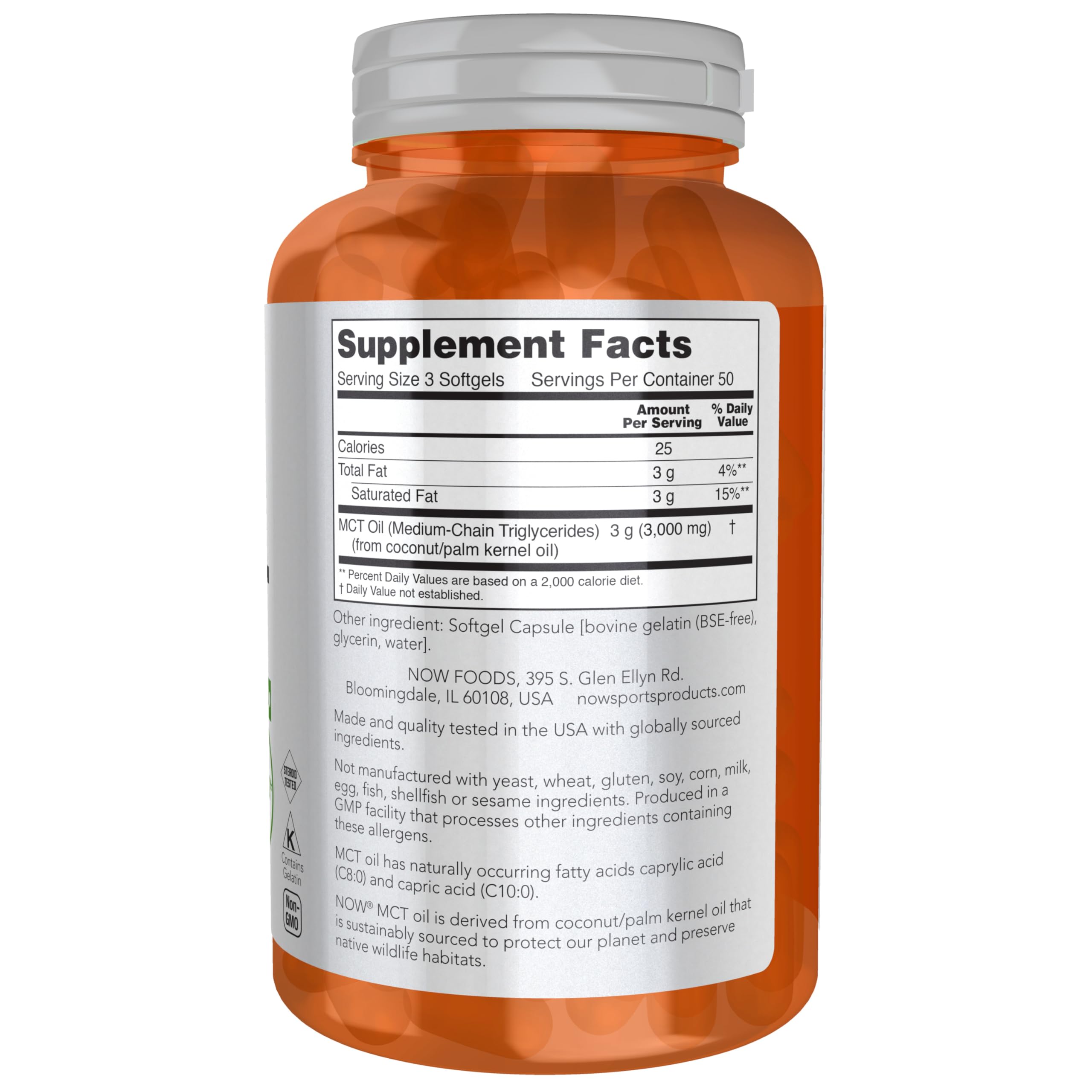 NOW Foods MCT Oil bottle close-up highlighting fast absorption.