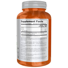NOW Foods MCT Oil bottle close-up highlighting fast absorption.