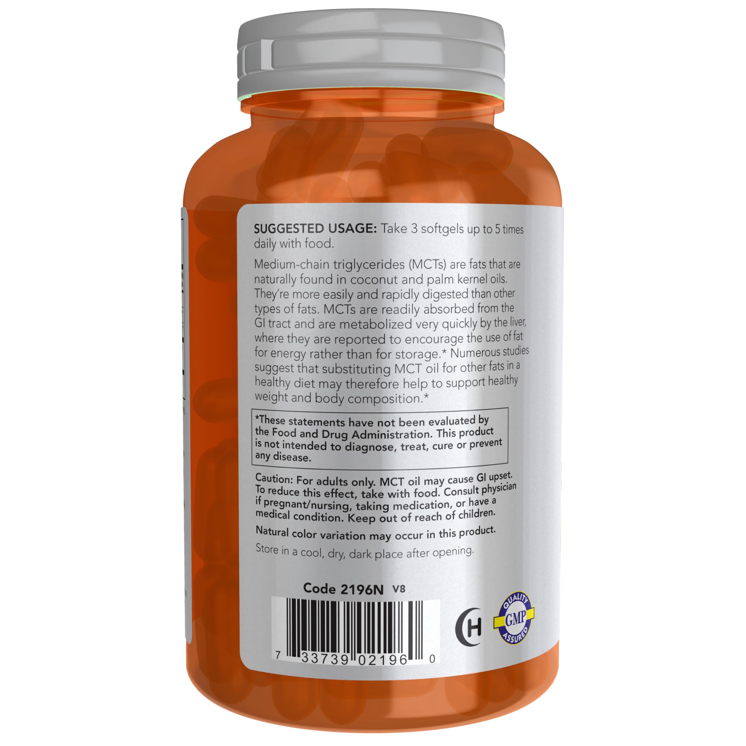 NOW Foods MCT Oil label close-up shows caprylic and capric acids.