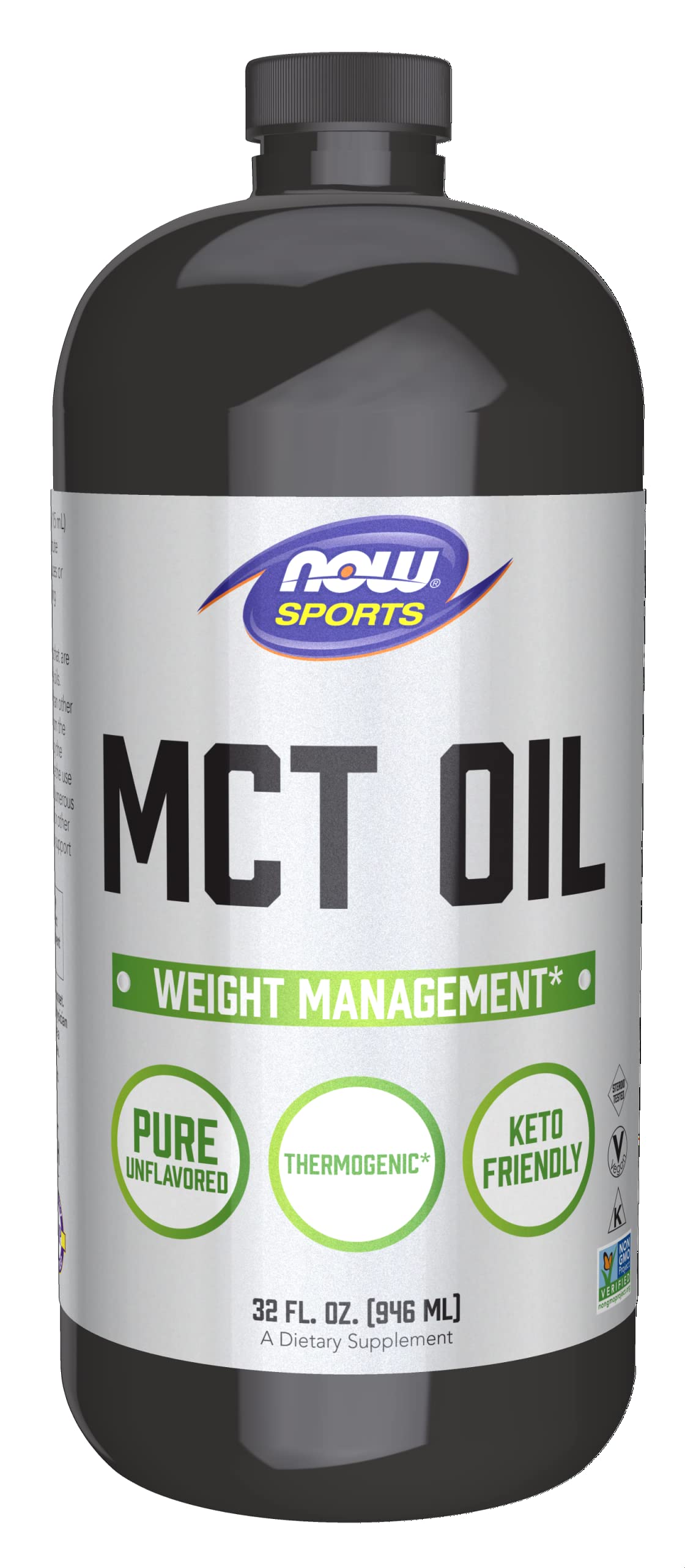 NOW Foods MCT oil bottle for quick-energy support in daily meals.