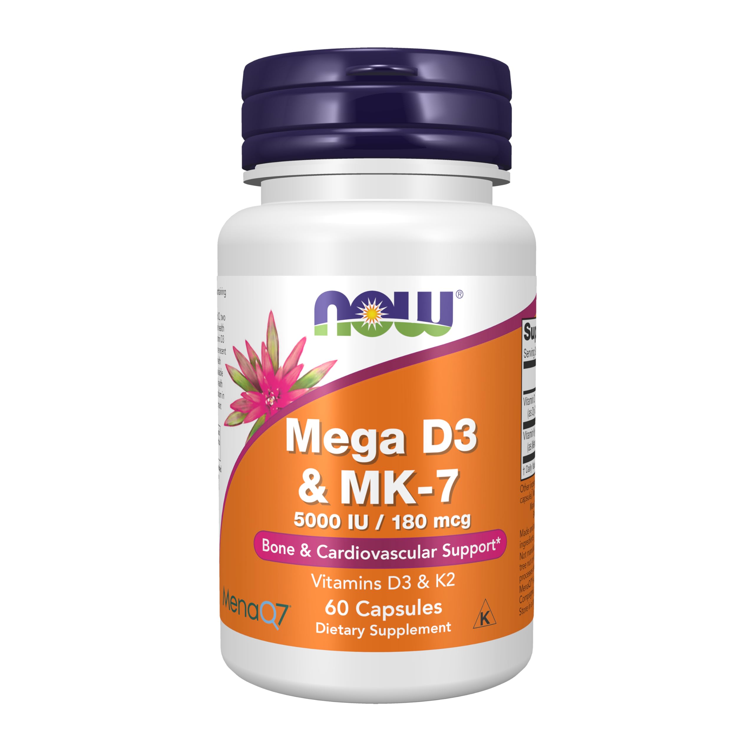 NOW Foods Mega D-3 MK-7 bottle label highlighting bone and heart support.