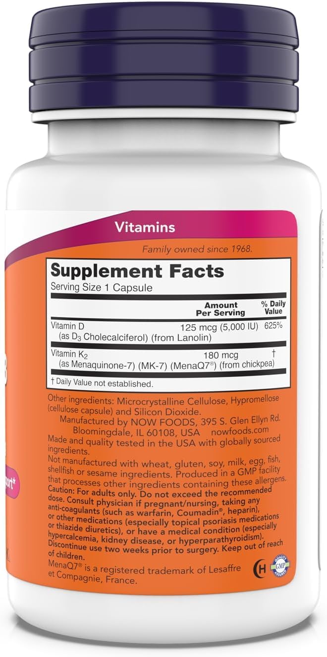 NOW Foods Mega D-3 & MK-7 capsules close-up for bone and heart support