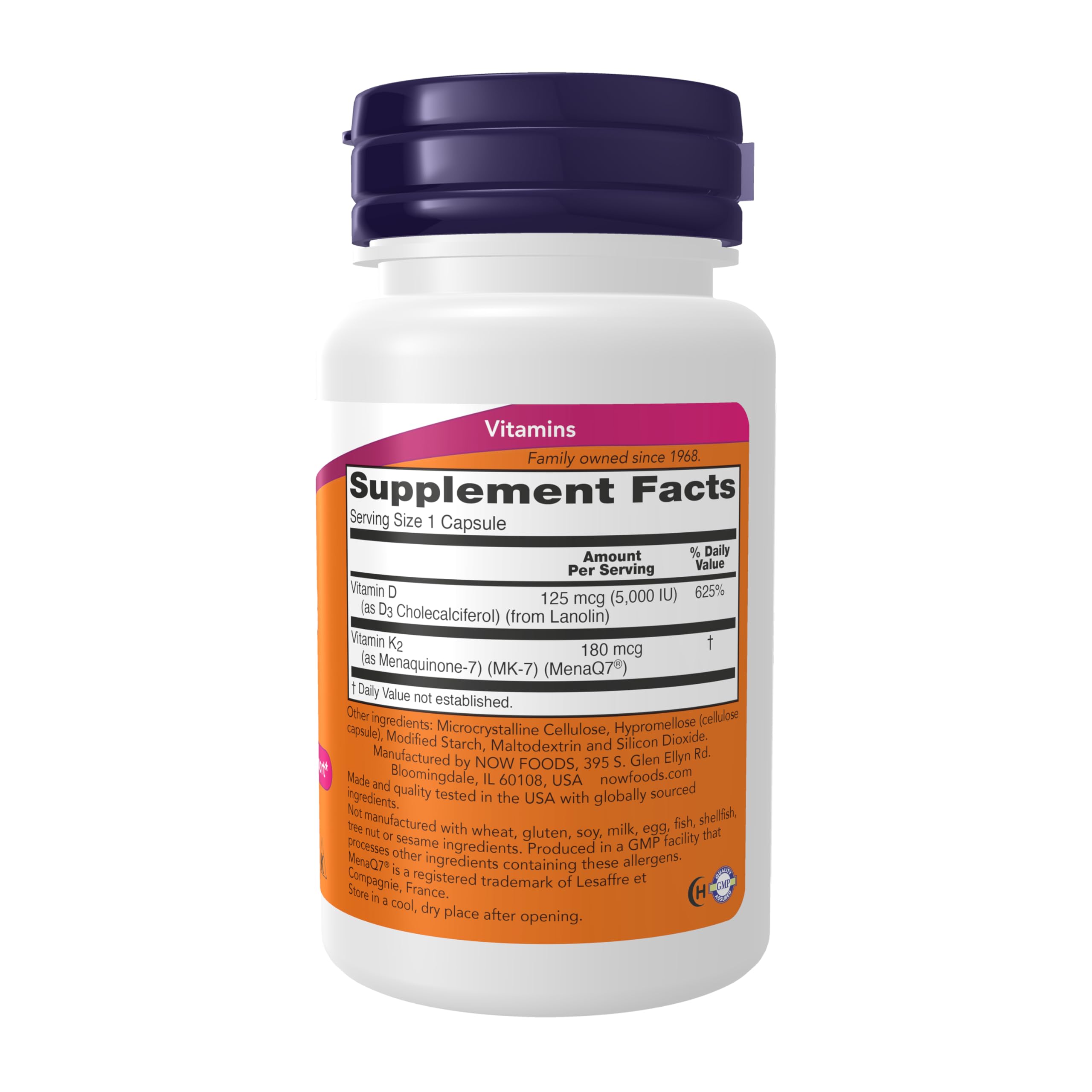NOW Foods Mega D-3 MK-7 capsules close-up for daily use.