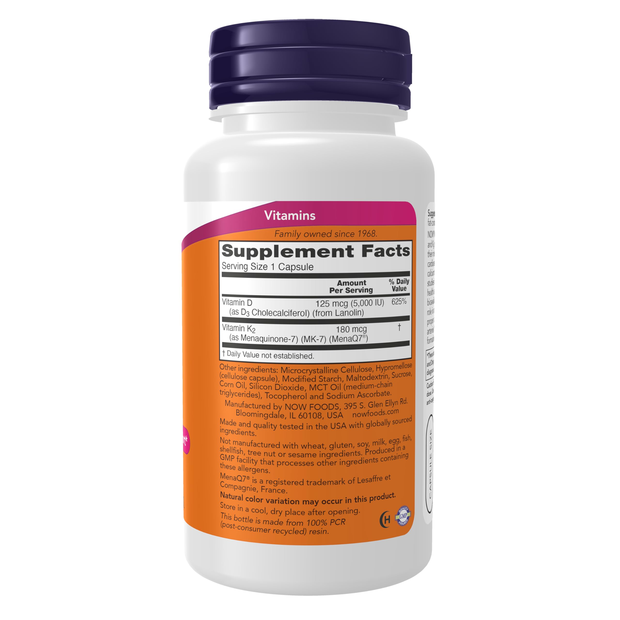 NOW Foods Mega D-3 & MK-7 capsules closeup showing easy dosage