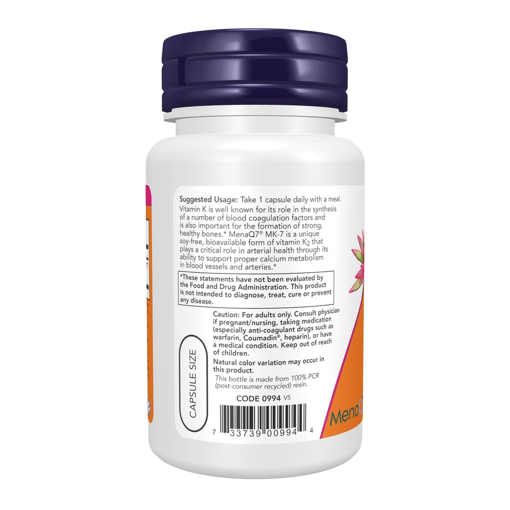 NOW Foods MenaQ7 label close-up with non-GMO and soy-free certifications.