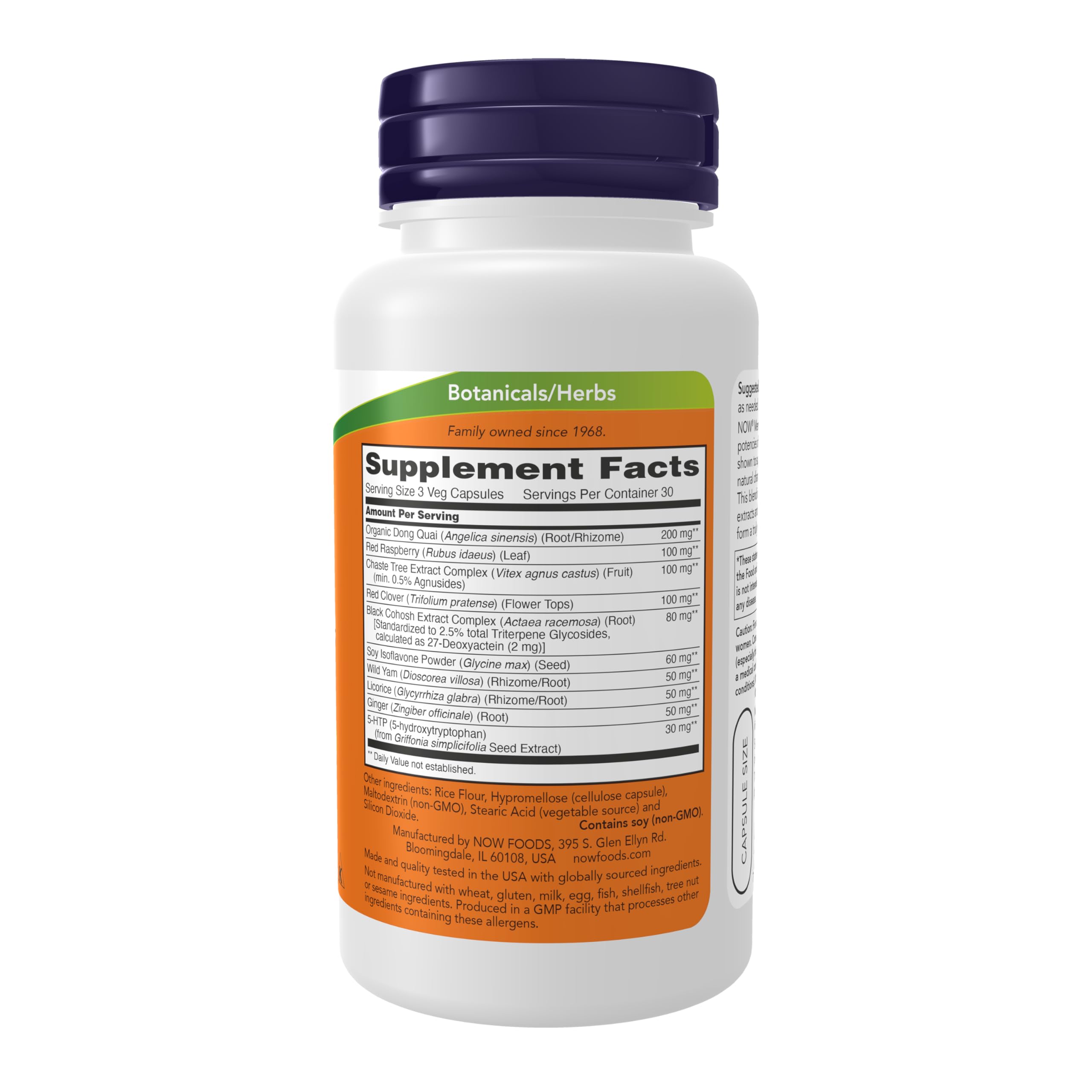 NOW Foods Menopause Support label close-up showing standardized extracts for balanced menopausal changes