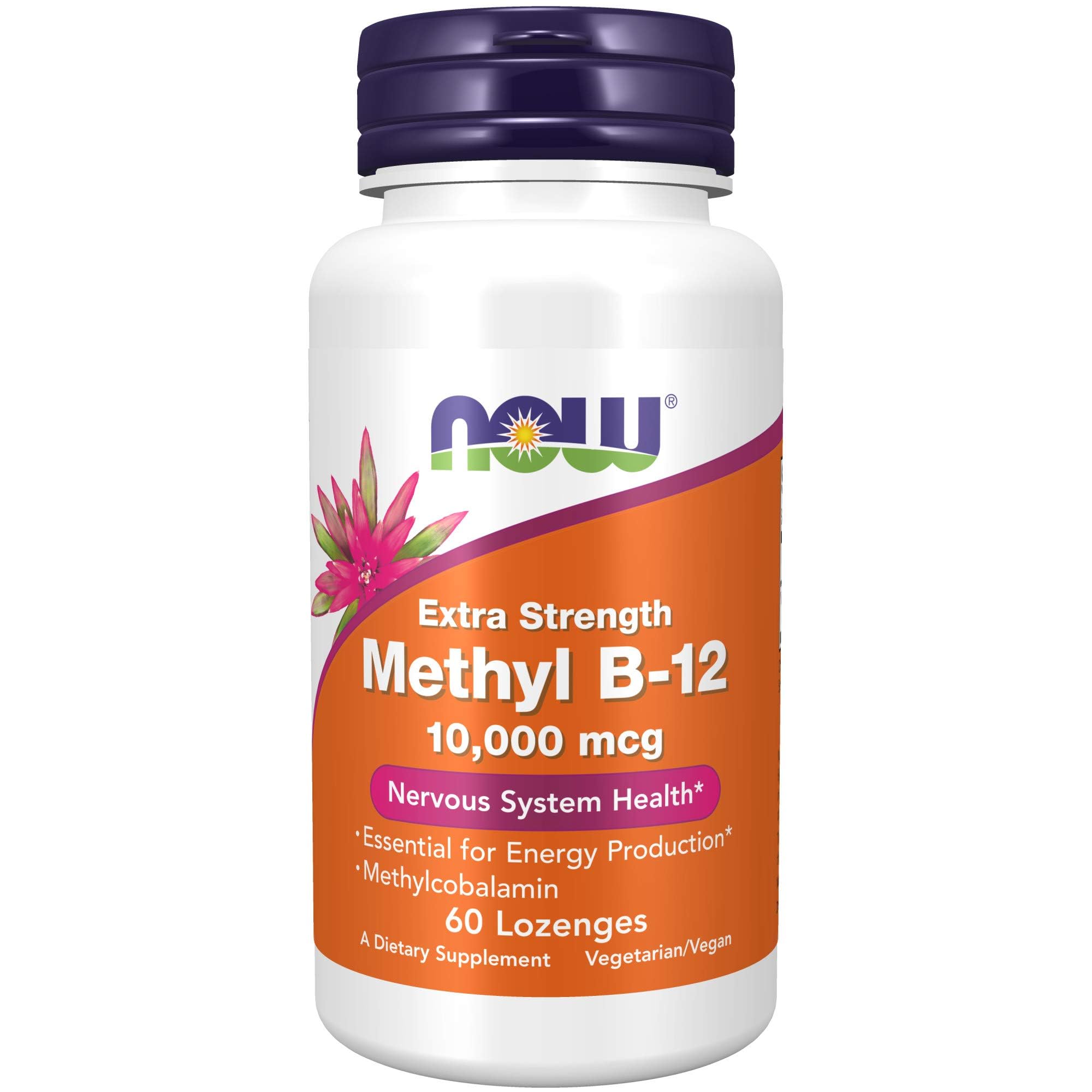 NOW Foods Methyl B-12 lozenges bottle highlighting 10,000 mcg for energy metabolism.