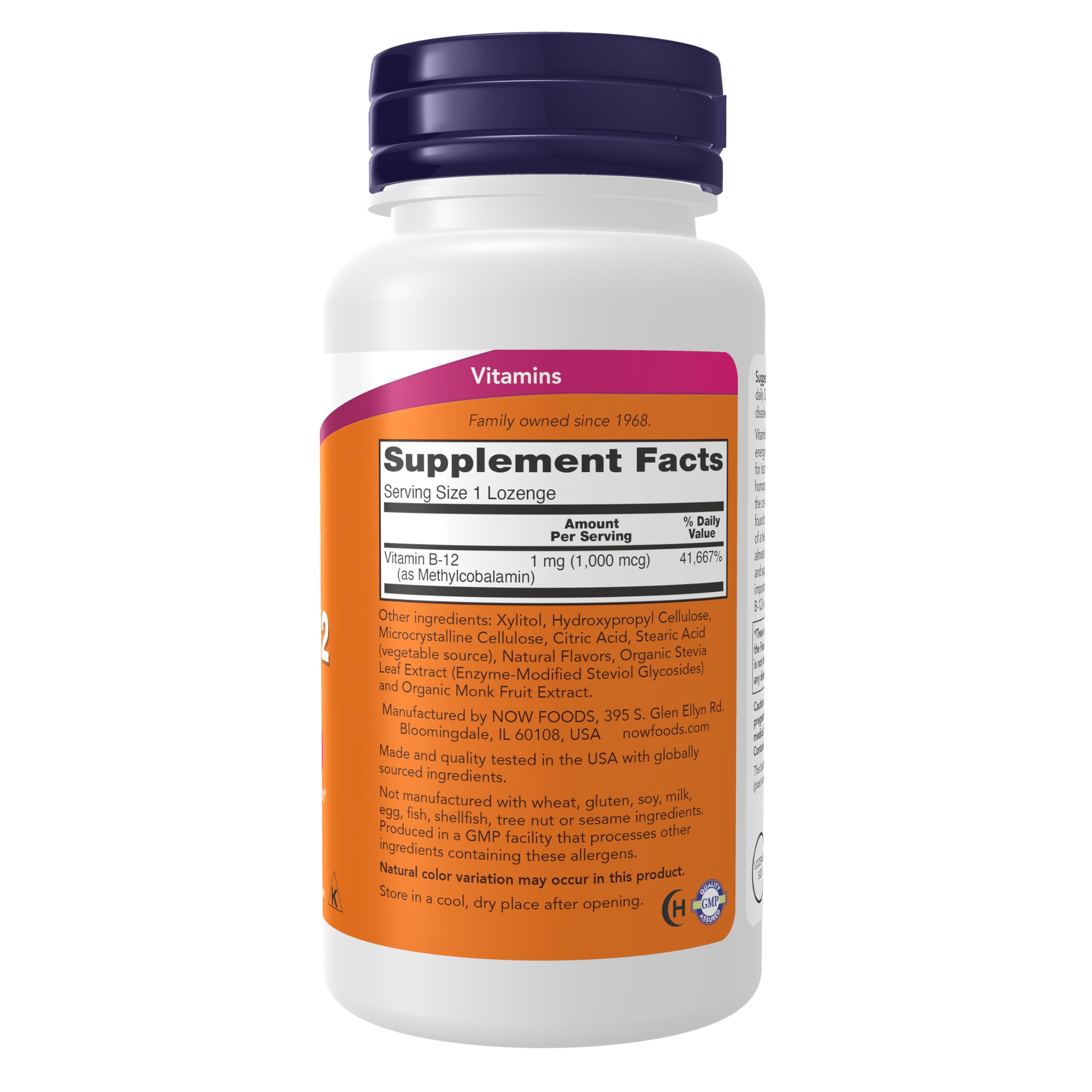 NOW Foods Methyl B-12 lozenges close-up showing 1,000 mcg strength