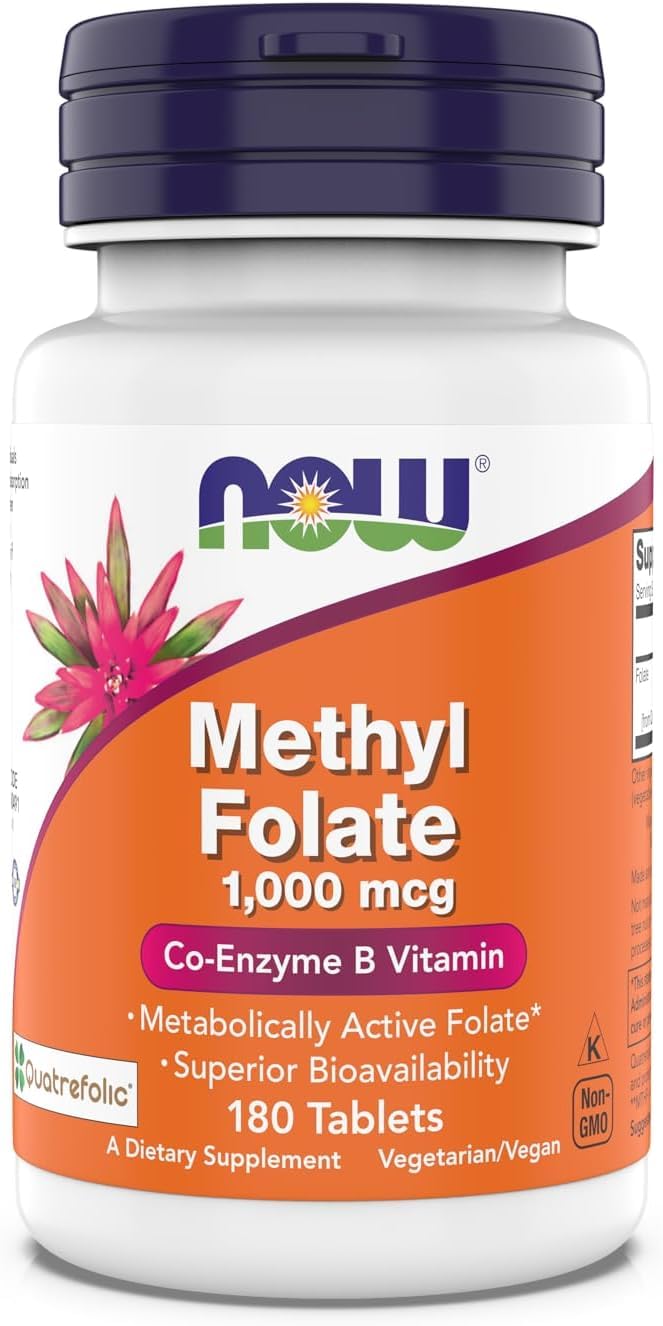 NOW Foods Methyl Folate bottle closeup for daily vitality support.