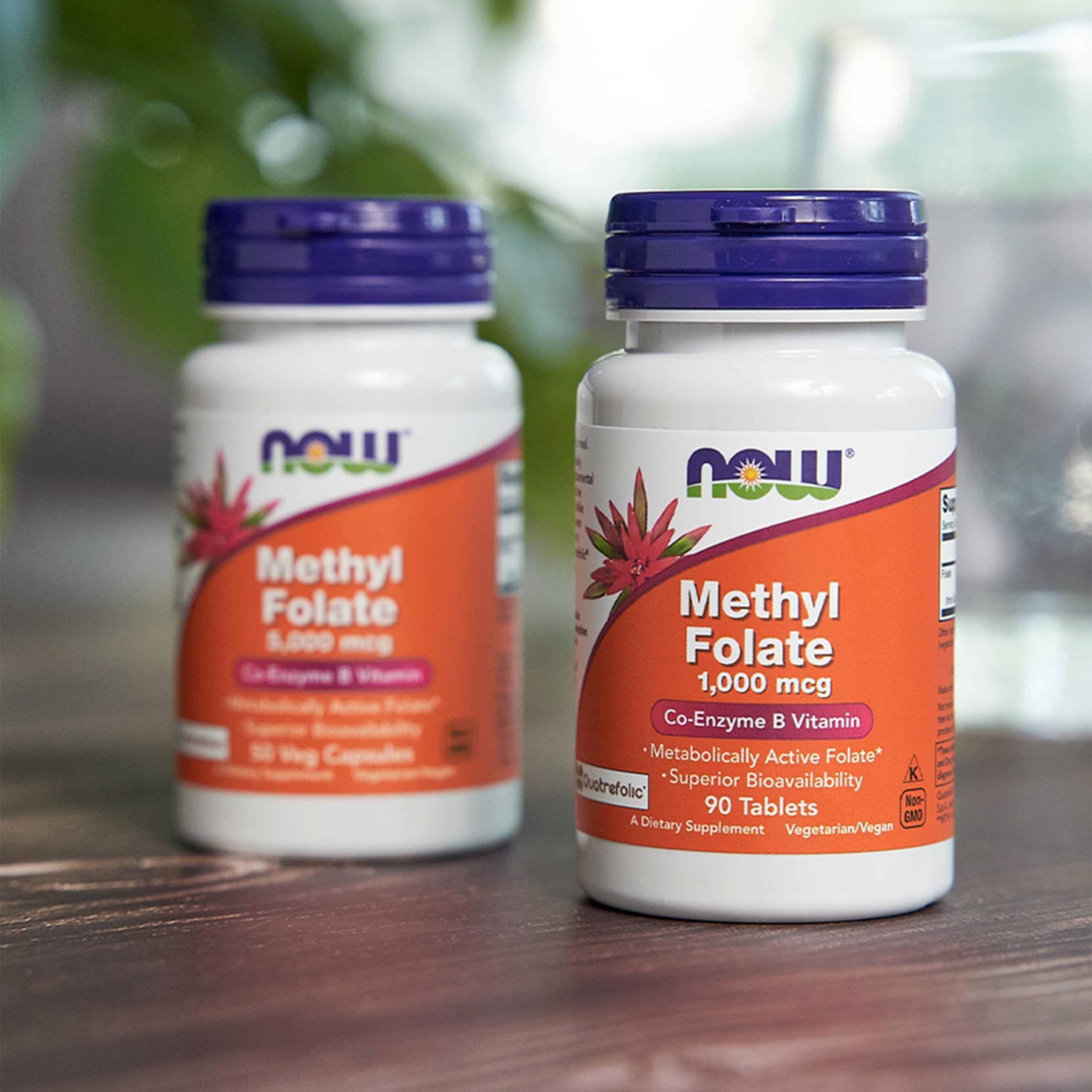 NOW Foods methylfolate box packaging shows 50 vegetarian capsules.
