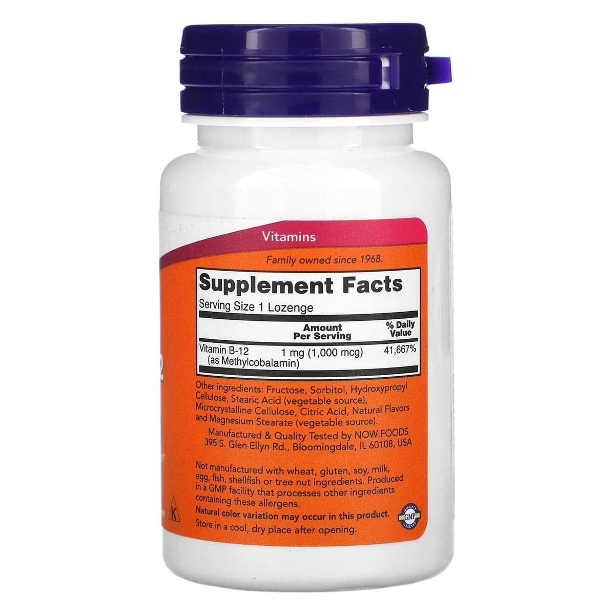 NOW Foods Metil B-12 1000mcg, envase frontal, facilita recordar la dosis diaria.