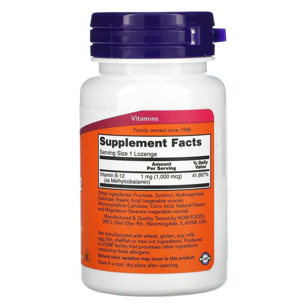 NOW Foods Metil B-12 1000mcg, envase frontal, facilita recordar la dosis diaria.