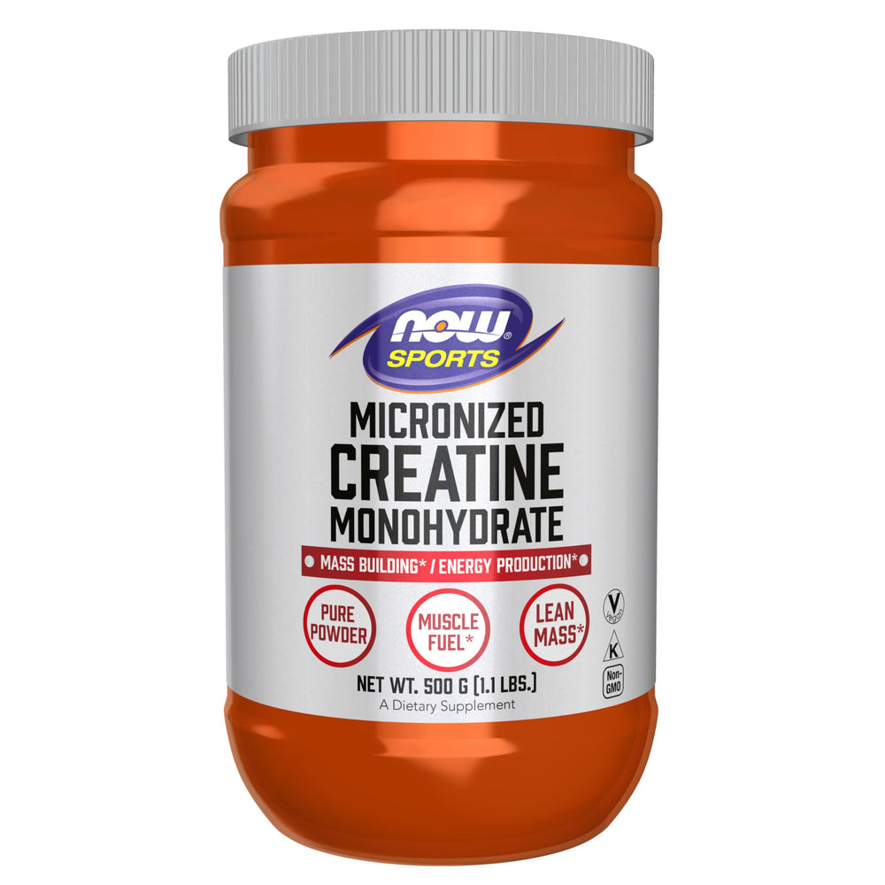NOW Foods Micronized Creatine Powder jar front supports powerful workouts.
