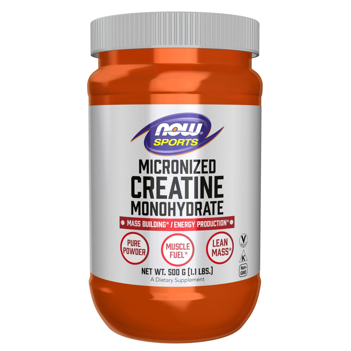 NOW Foods Micronized Creatine Powder jar front supports powerful workouts.