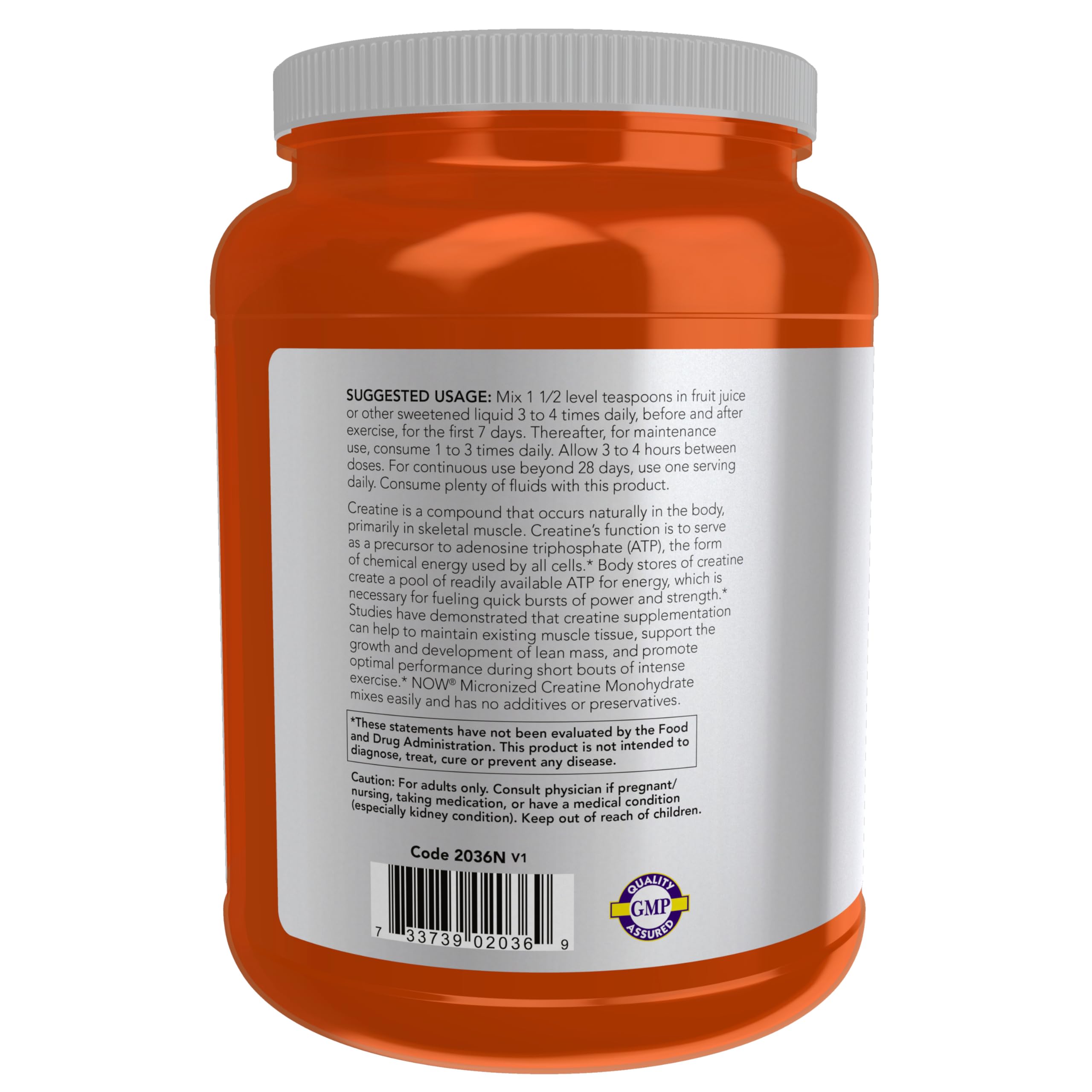 NOW Foods Creatine powder label close-up highlighting pure formula.
