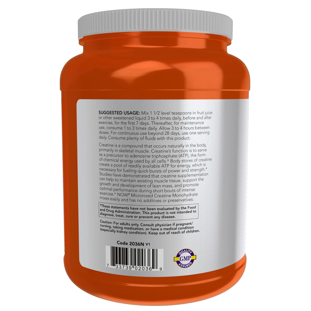 NOW Foods Creatine powder label close-up highlighting pure formula.