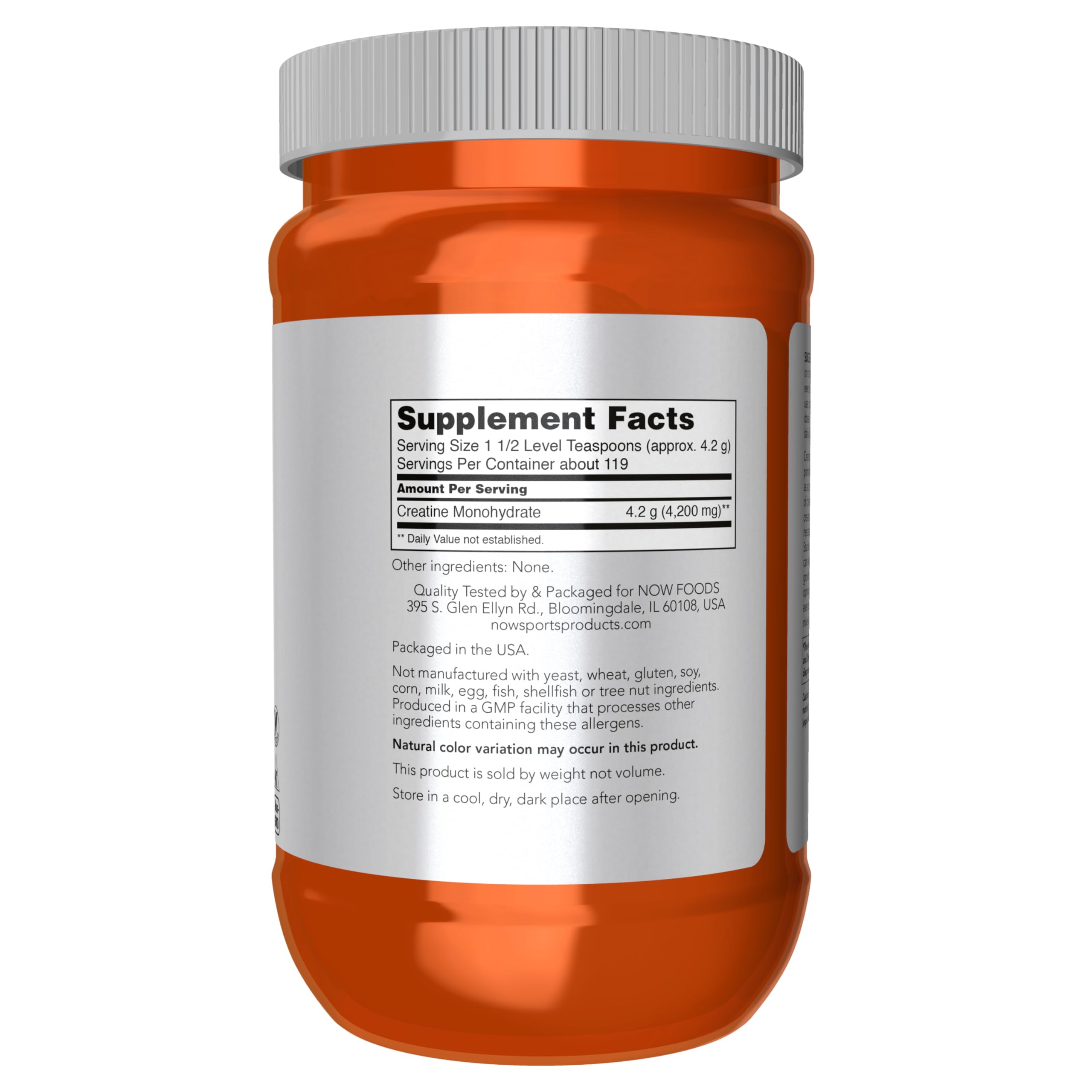 NOW Foods Micronized Creatine Powder scoop for precise daily dosing.