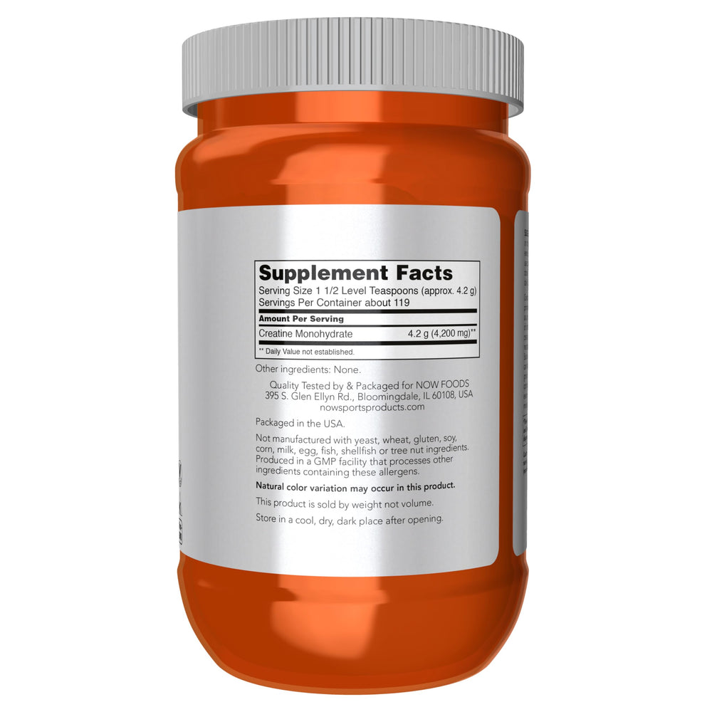 NOW Foods Micronized Creatine Powder scoop for precise daily dosing.