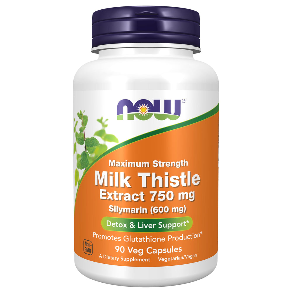 NOW Foods Milk Thistle bottle front shows maximum strength formula for liver support.