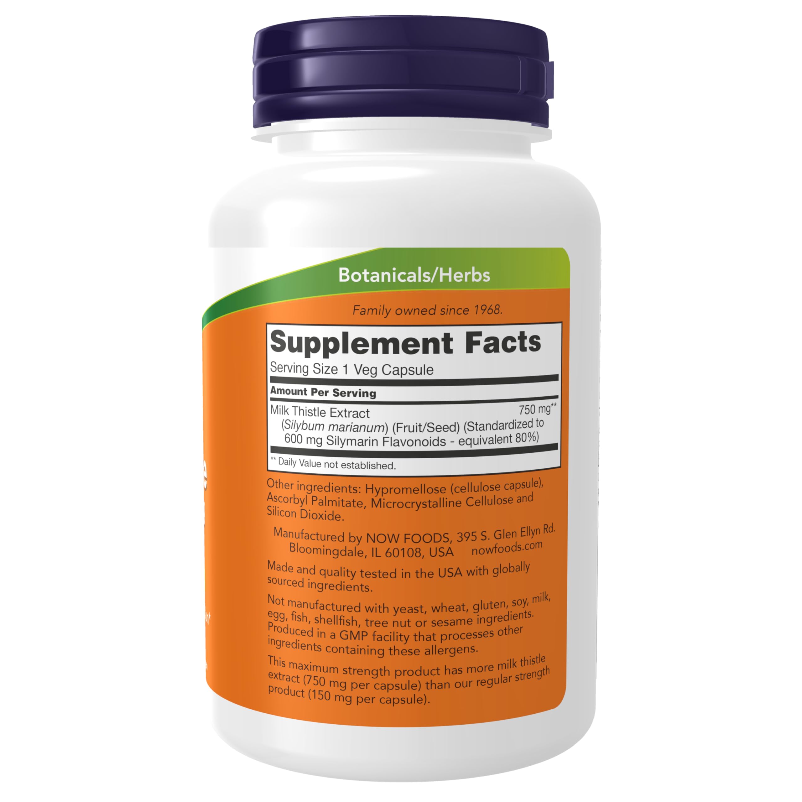 NOW Foods Milk Thistle label close-up highlights 750 mg per capsule.