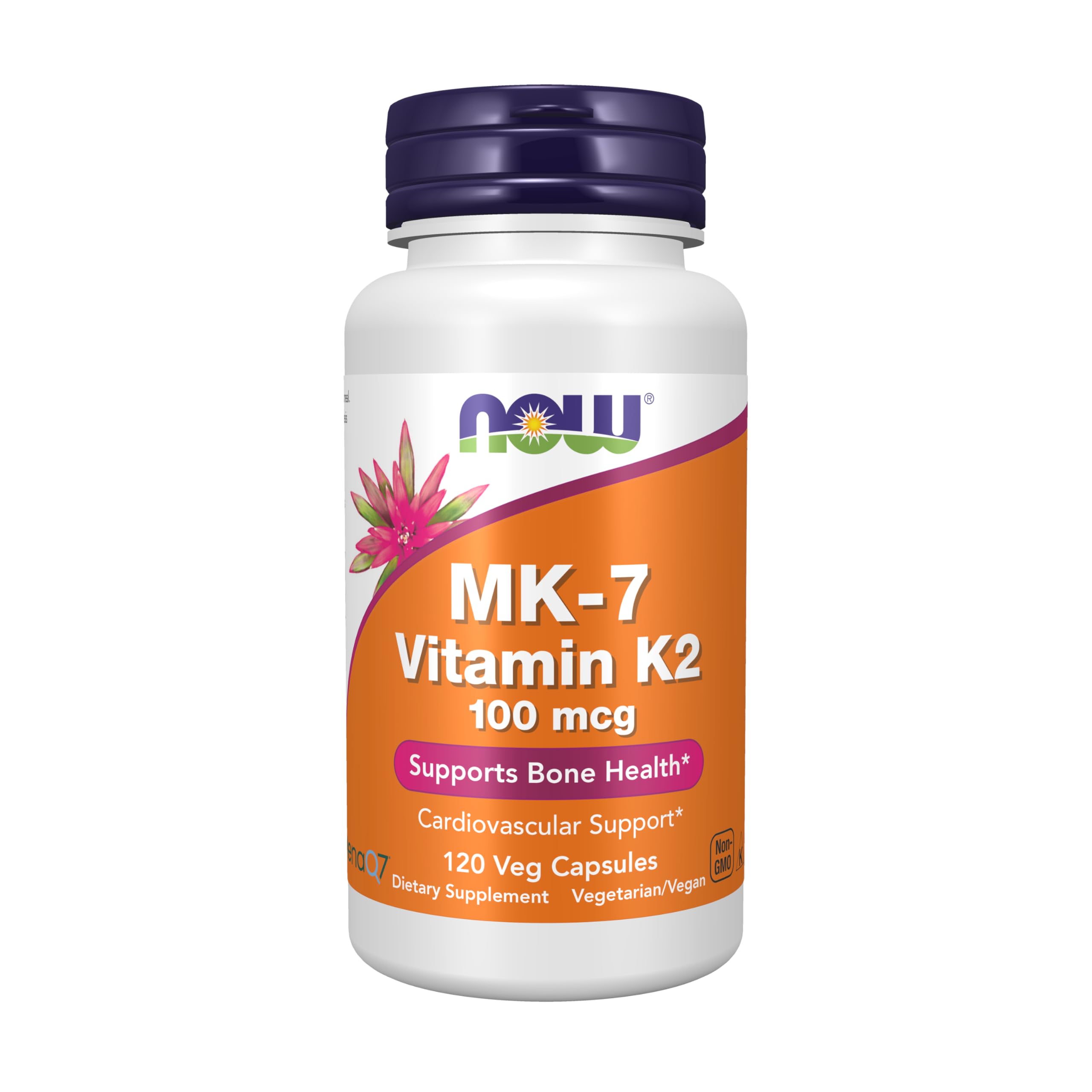 NOW Foods MK-7 100mcg bottle shown, supports calcium metabolism in blood vessels.