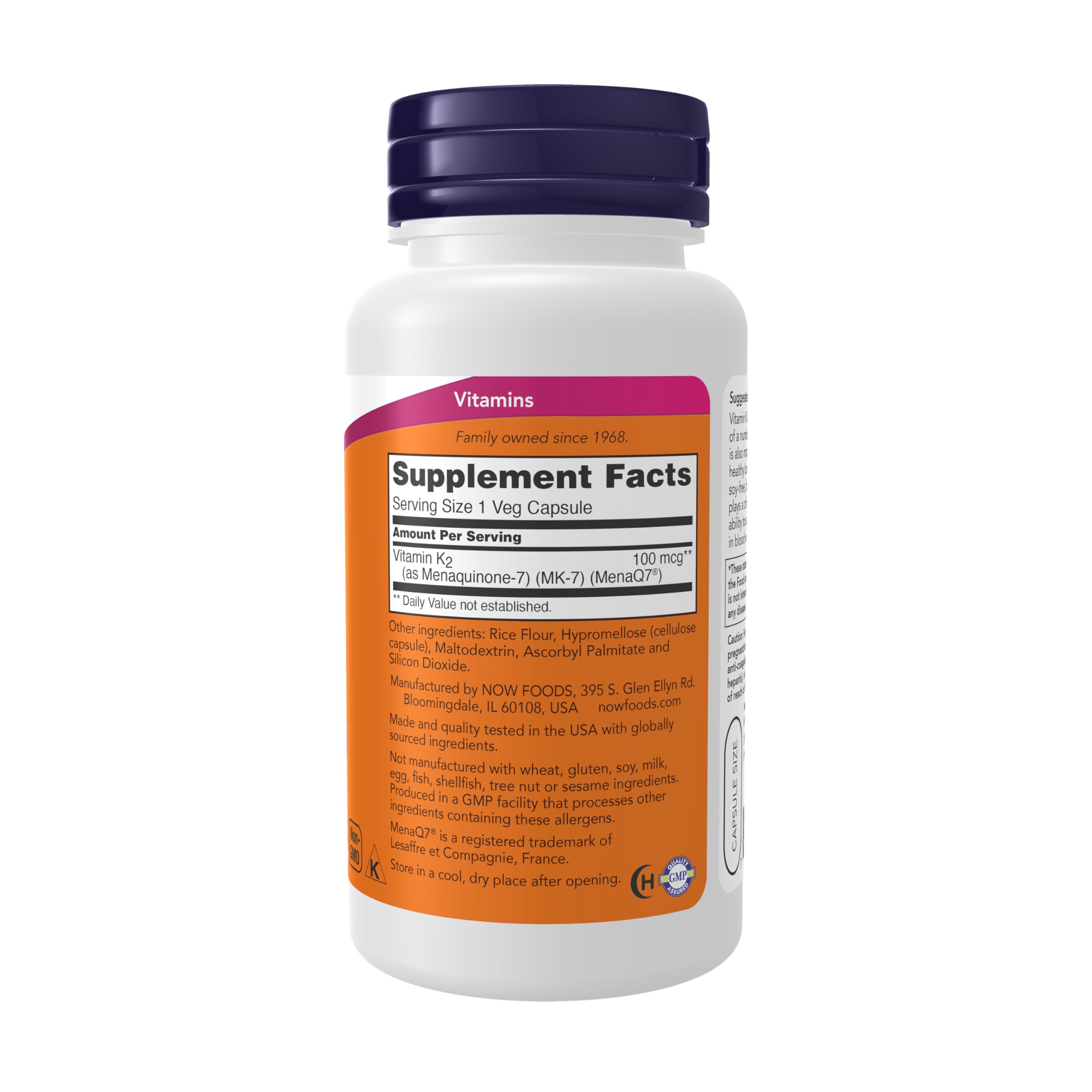 NOW Foods MK-7 vegan capsules closeup highlights plant-based vitamin K-2.