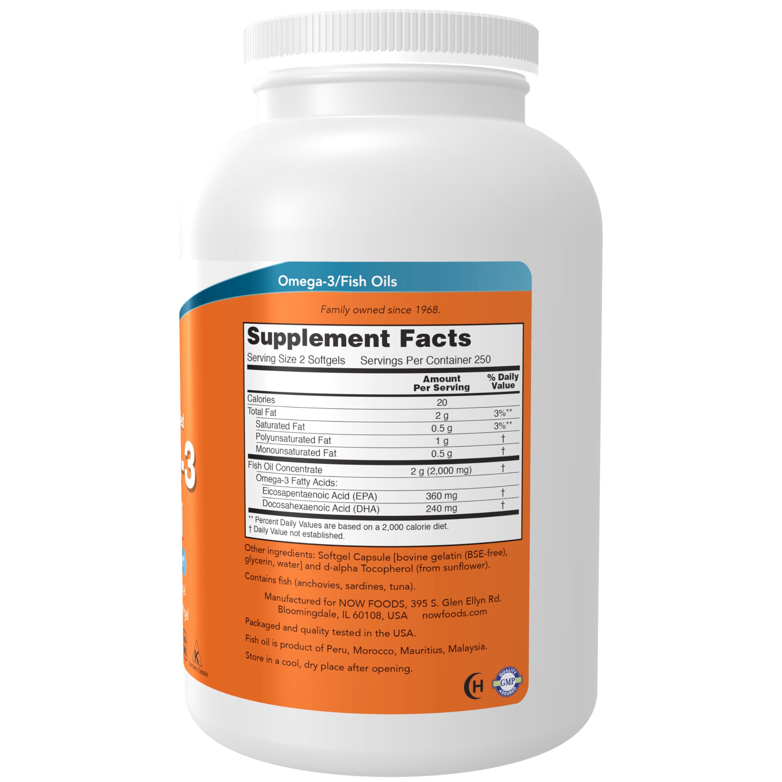 NOW Foods molecularly distilled omega-3 concentrate highlighting purity and testing