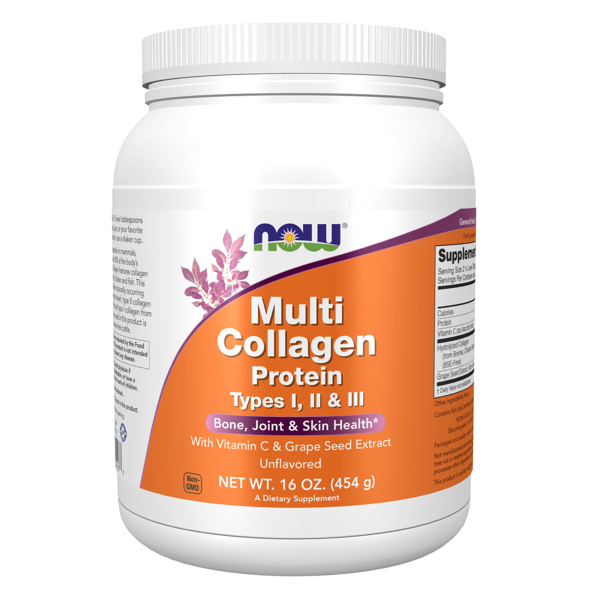 NOW Foods Multi Collagen bottle front with three sources for joints and skin