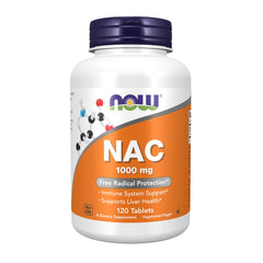 NOW Foods NAC 1,000 mg tablets on the bottle front indicating dosage and potential immune support.