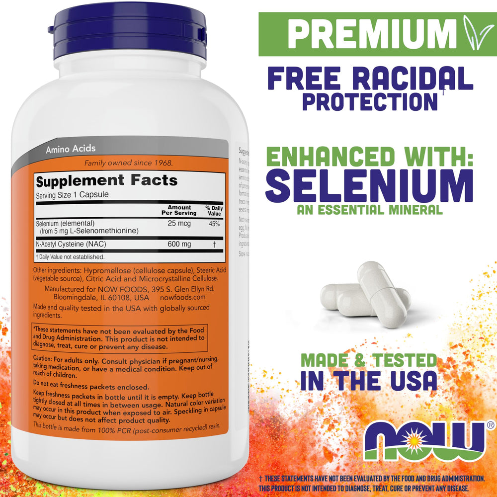 NOW Foods NAC capsules close-up showing convenient twice-daily capsules