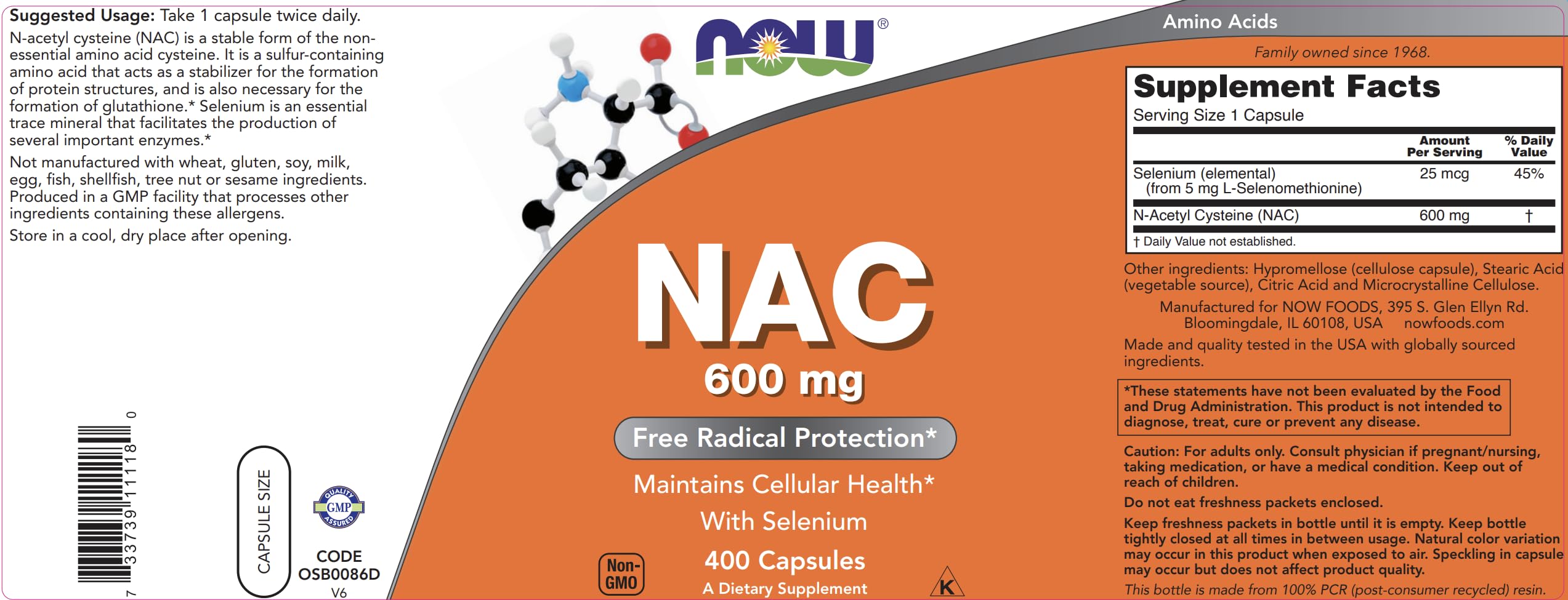 NOW Foods NAC 600 mg sustainability note on tree planting initiative