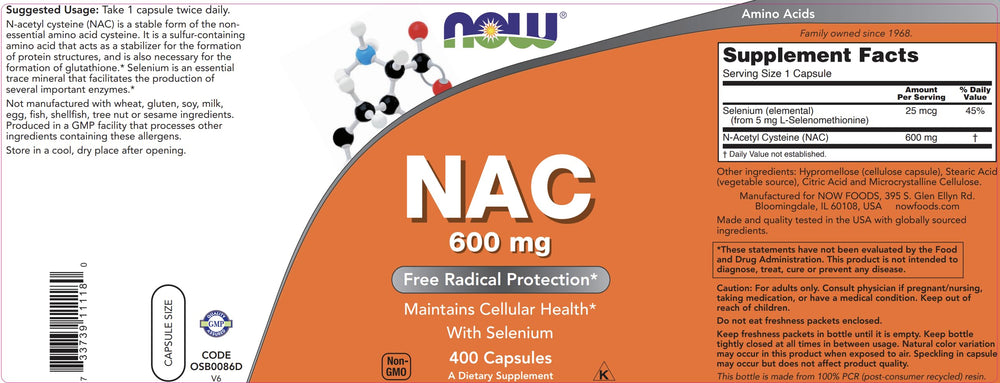 NOW Foods NAC 600 mg sustainability note on tree planting initiative