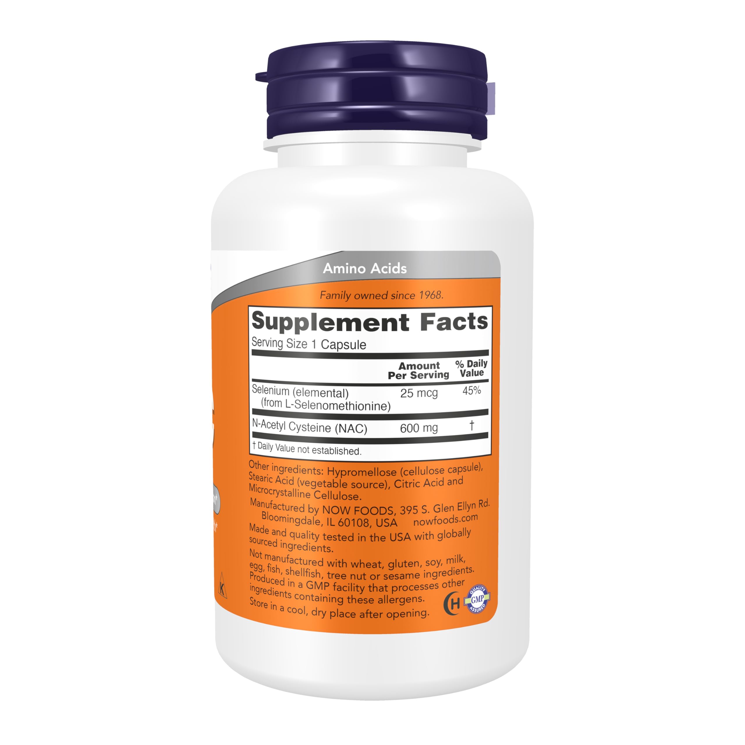 NOW Foods NAC bottle back label lists ingredients and dosage guidance.