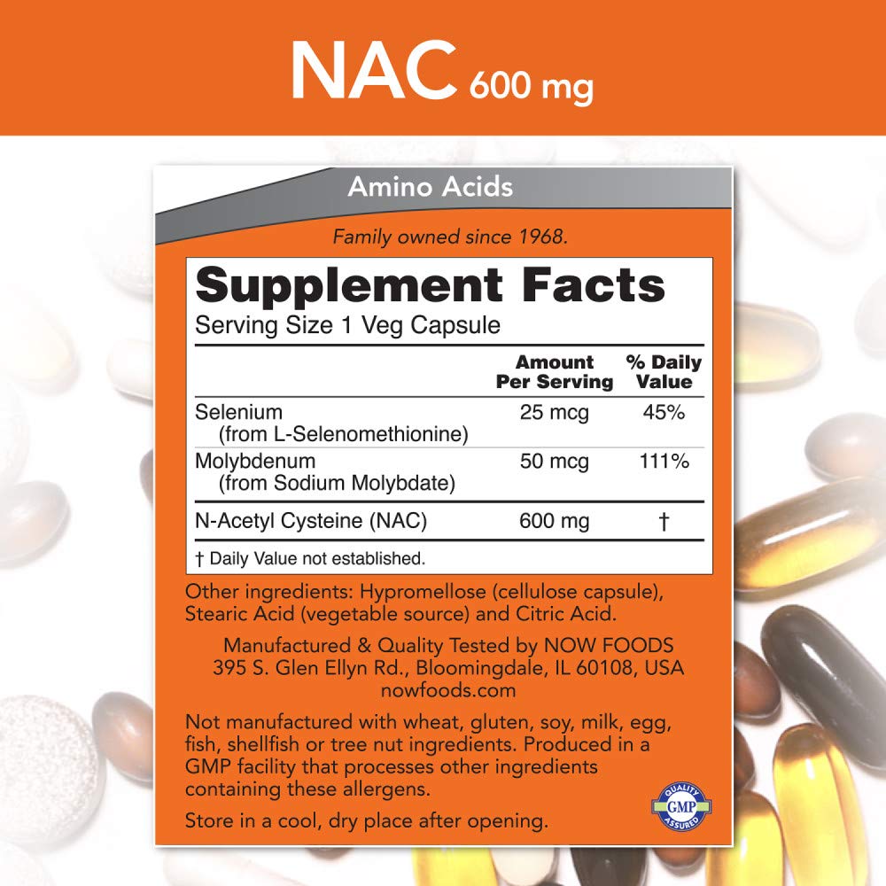 NAC 600mg capsules poured for easy daily dosing with NOW Foods