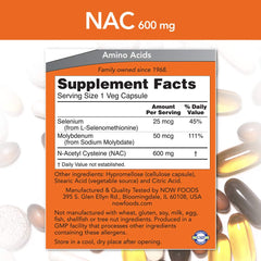 NAC 600mg capsules poured for easy daily dosing with NOW Foods