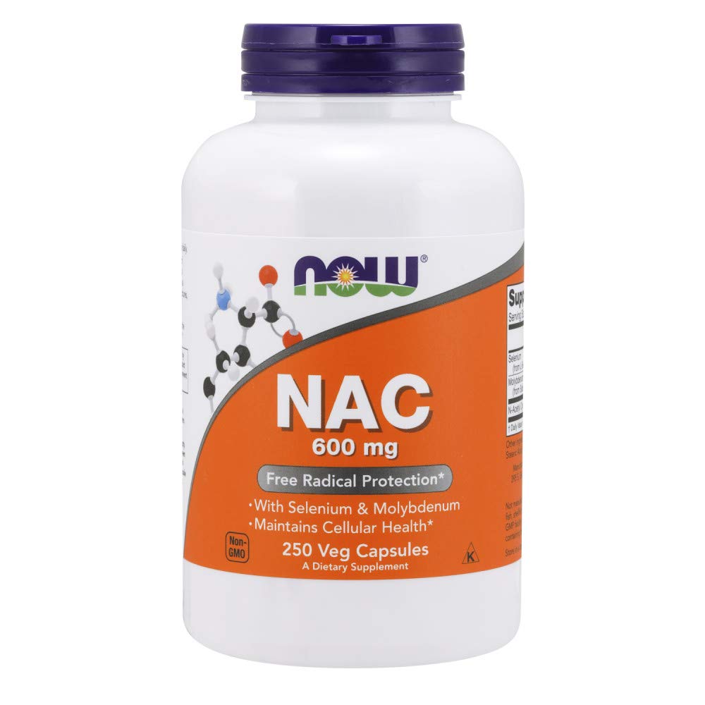 NOW Foods NAC 600mg label close-up showing selenium and molybdenum for enzymes