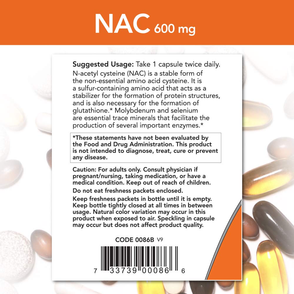 NOW Foods NAC 600mg supplement facts close-up noting allergen-free formula