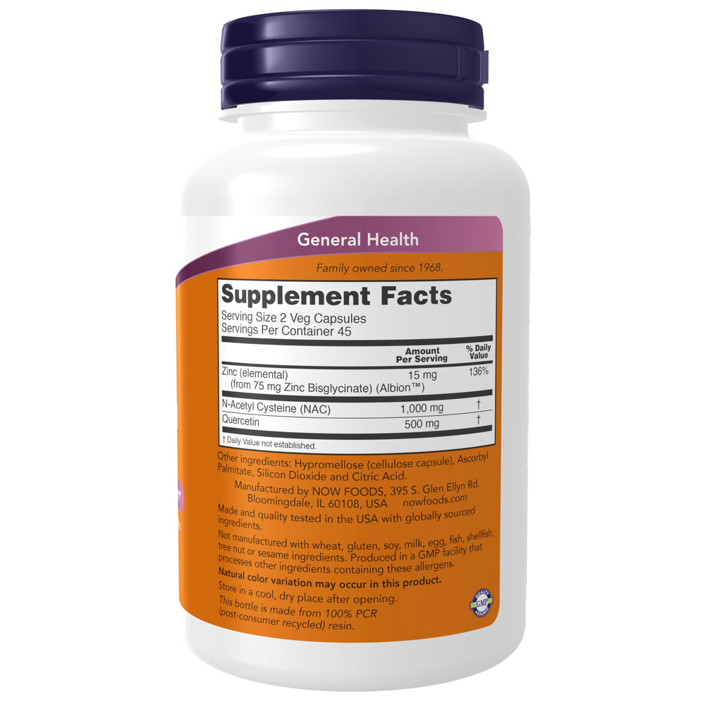 NOW Foods NAC Quercetin Zinc capsules illustrate antioxidant support for seasonal wellness