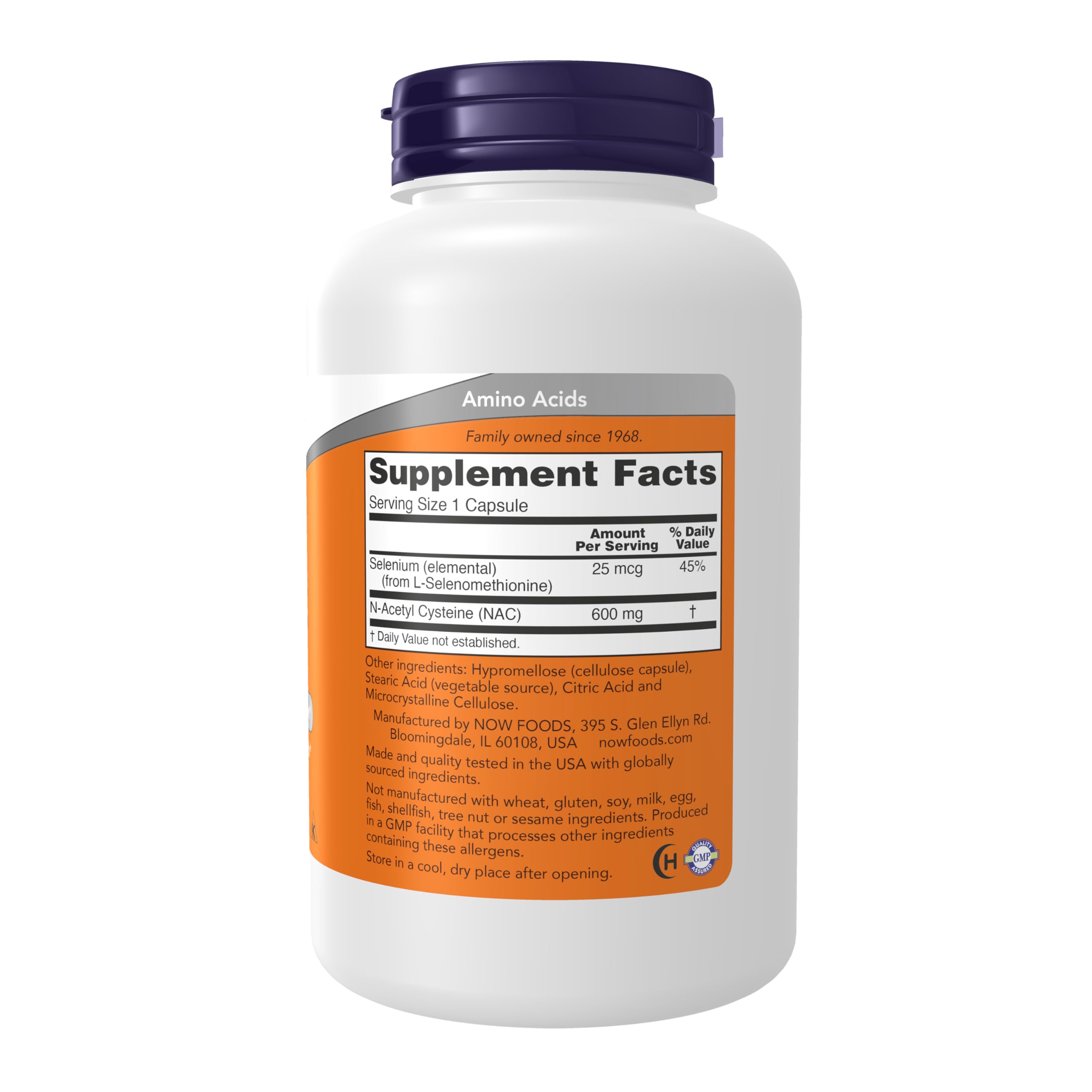 NOW Foods NAC Selenium capsules in a bottle showing daily use.