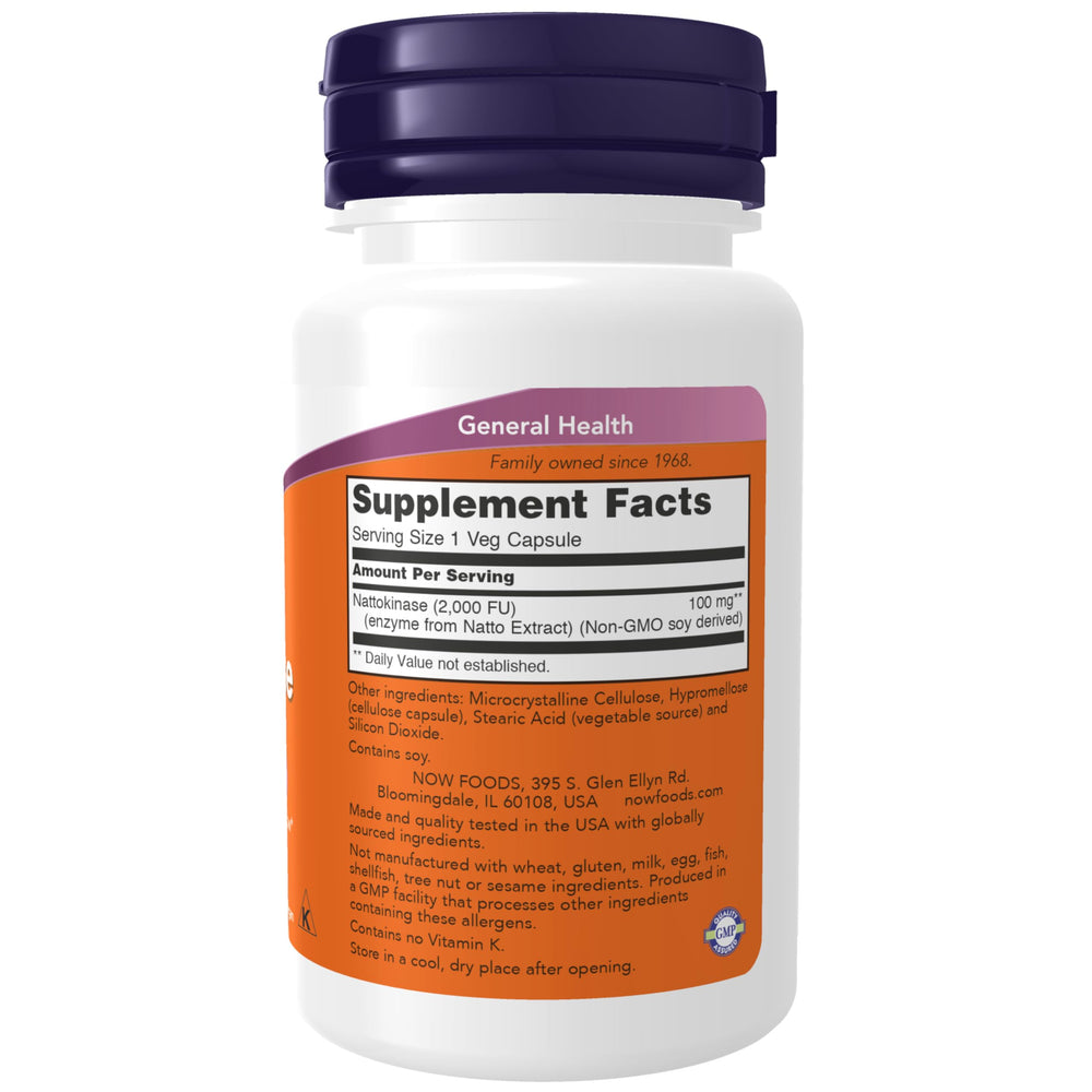 NOW Foods nattokinase bottle label, easy daily use for potential vascular support.